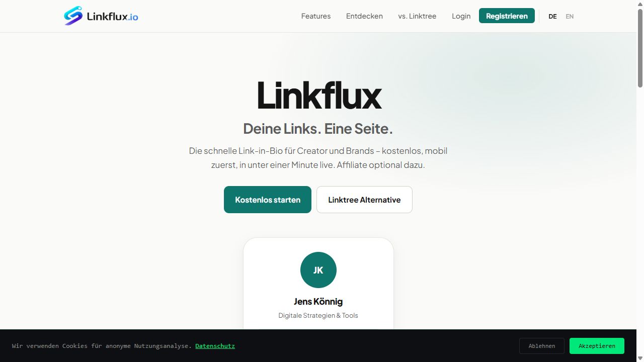 Screenshot der öffentlichen Startseite: Linkflux – Link-in-Bio und Affiliate-Werkzeuge