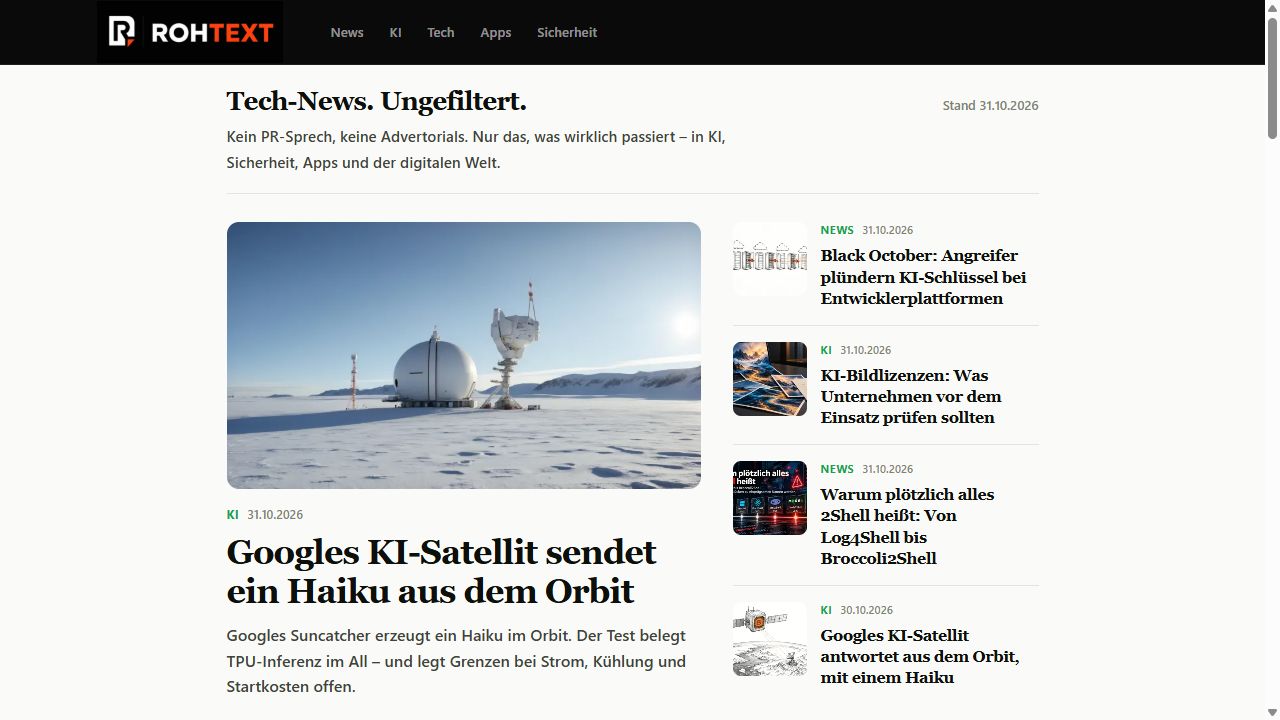 Screenshot der öffentlichen Startseite: Rohtext – Tech-Magazin
